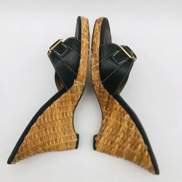 Anne Klein Wedge Sandal 7.5 Black Leather Straw Women AKHagan - Picture 14 of 15